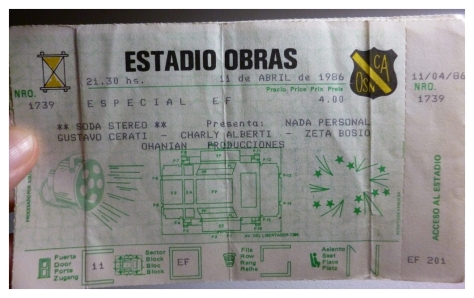 SODA STEREO: Entrada Original concierto presentación de Nada Personal. Estadio Obras 1986 (Fotografía y entrada compartida por: María Rosa